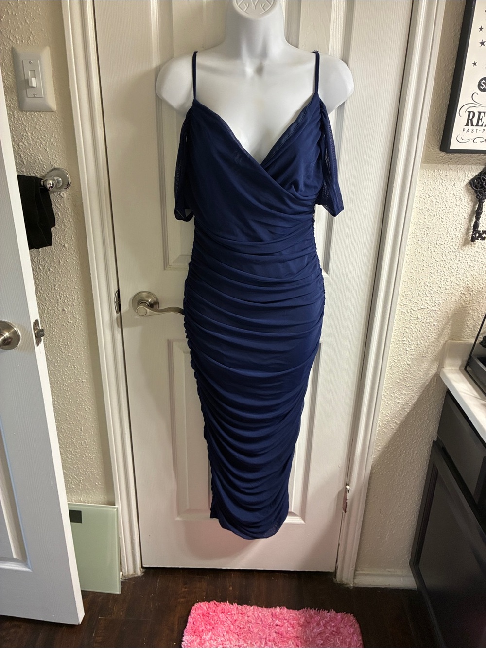 SHEIN Navy Ruched Cold-Shoulder Midi Dress